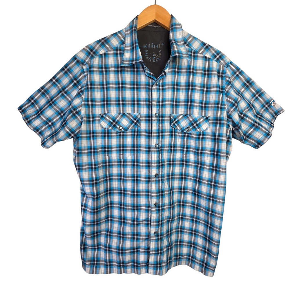 Kuhl Mens Blue Plaid Performance Pearl Snap Shirt Large Hiking Outdoor Western